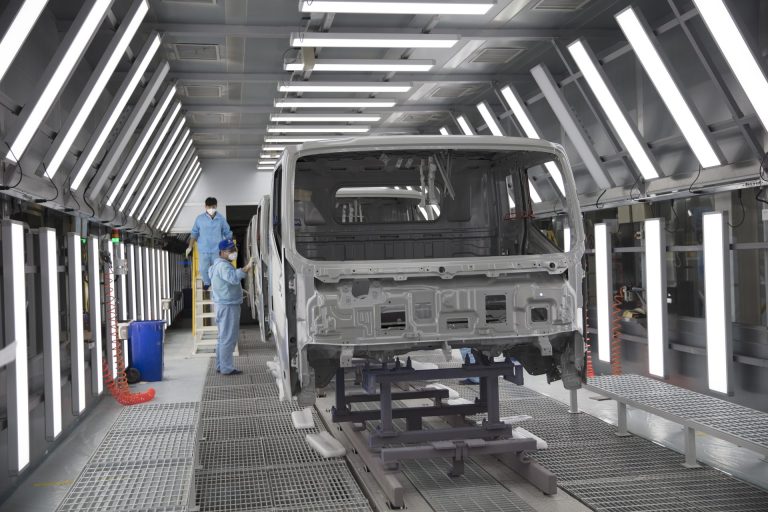 Paint booth where FOTON Tunland pickup cab shells are coated